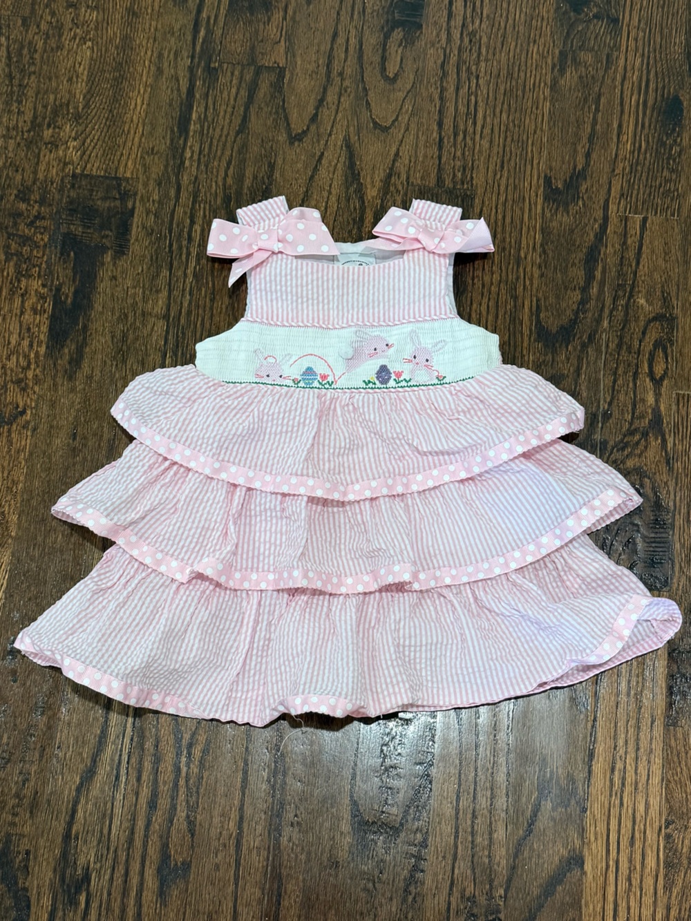Mud Pie Pink Smocked Ruffle Dress with Polka Dot Bows
